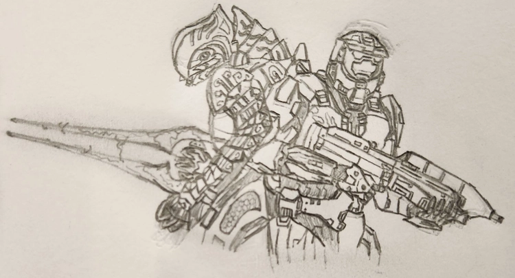 Sketch of the Master Chief and the Arbiter from the Halo video game series.